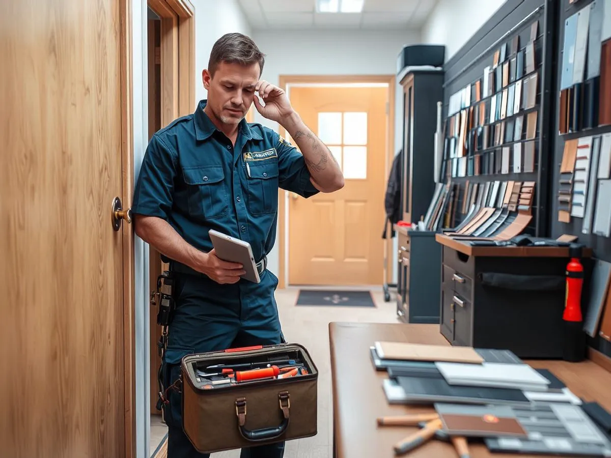 智能锁调试维护现场,技师正在调整智能门锁